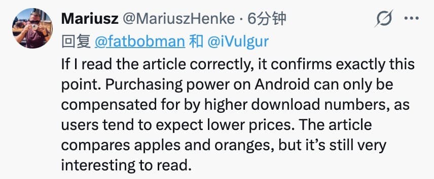推特评论截图:The article compares apples and oranges